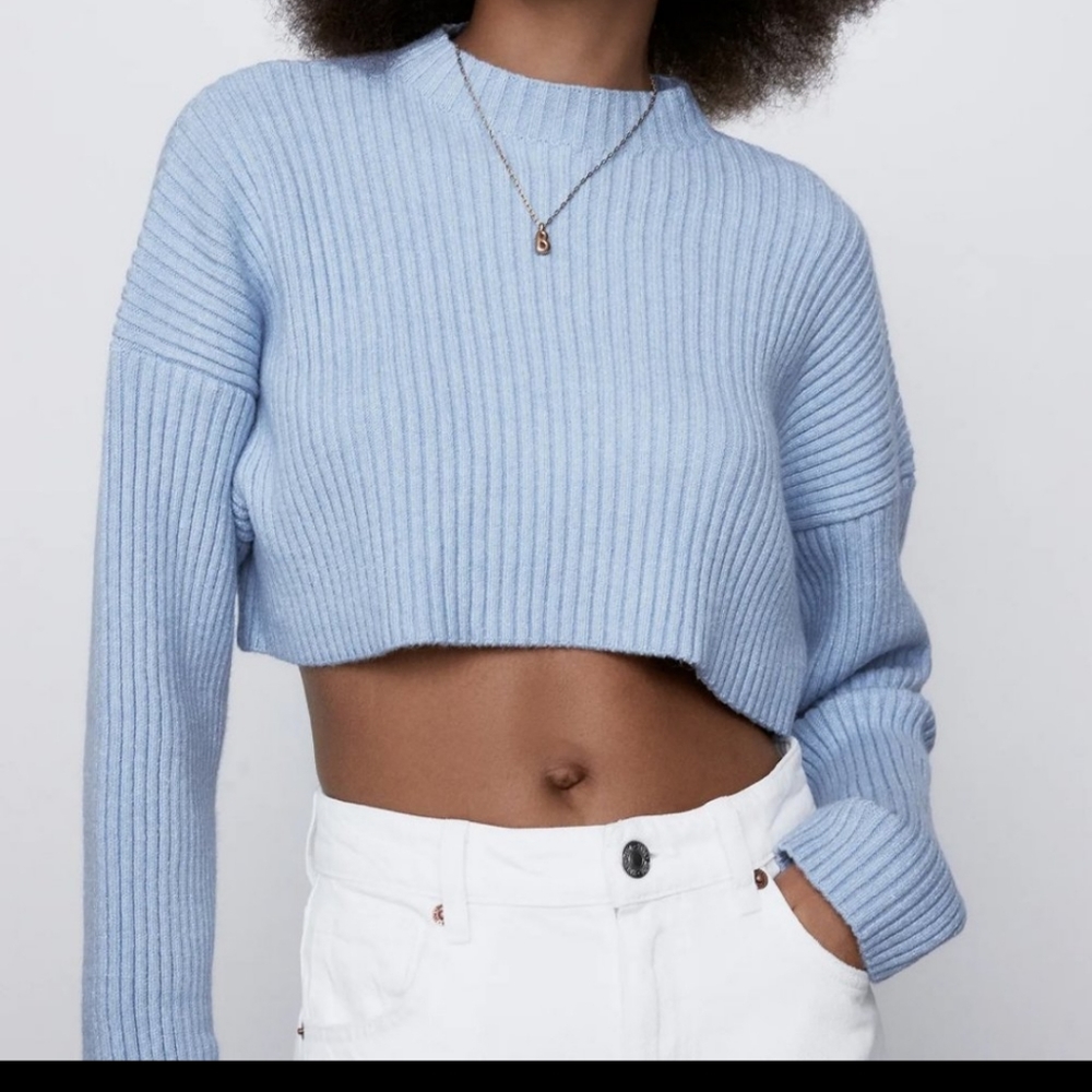 NEW Zara Cropped Ribbed Sweater Mock Neck Soft Cozy Light Blue M